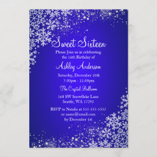 Invitación Blue Sweet 16 Winter Wonderland Sparkle Snowflakes