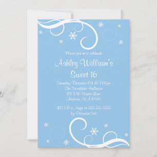 Invitación Blue Sweet 16 Winter Wonderland Swirl Snowflakes