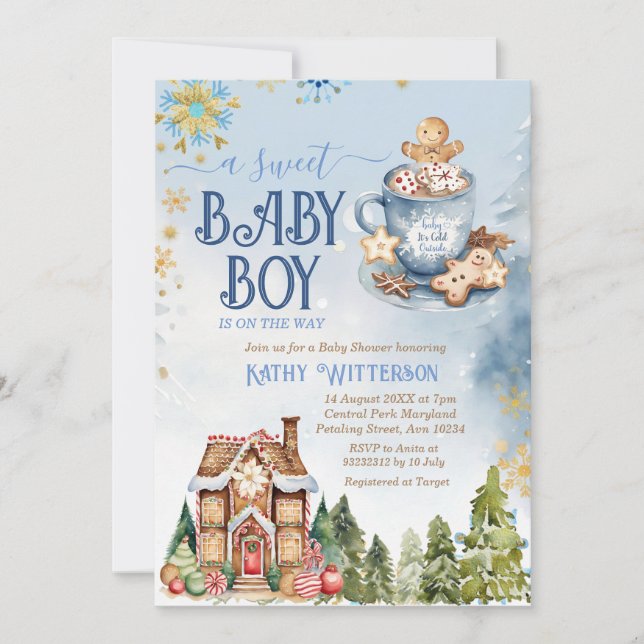 Invitación Blue Sweet Baby Boy Gingerbread House Baby Shower (Anverso)
