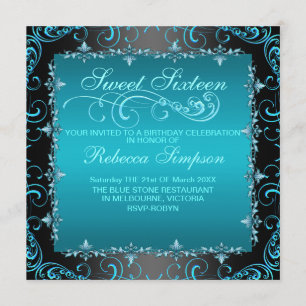 Invitación Blue Sweet Dieciséis Swirl Birthday Invite