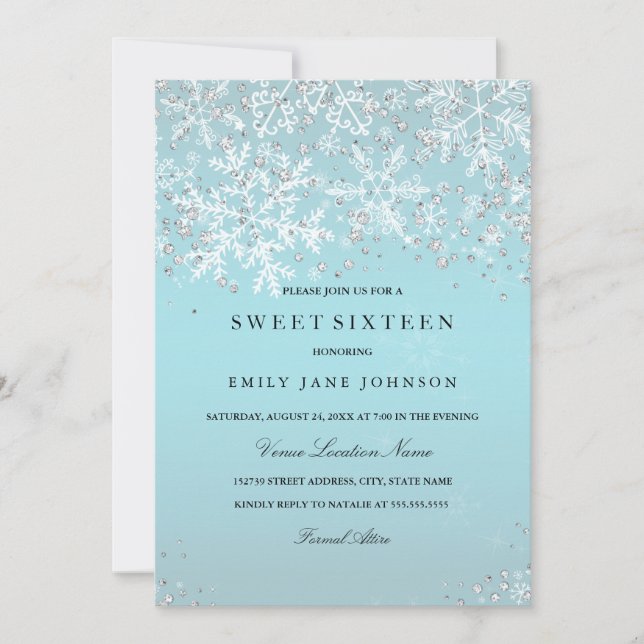 Invitación Blue Sweet Dieciséis Winter Wonderland Snowflakes (Anverso)