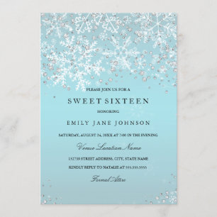 Invitación Blue Sweet Dieciséis Winter Wonderland Snowflakes