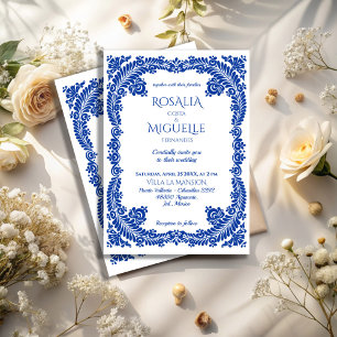 Invitación Blue Talavera boda mexicano de arte folclórico vin
