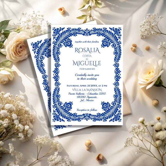 Invitación Blue Talavera boda mexicano de arte folclórico vin (Blue Talavera vintage folk art Mexican wedding Invitation cards with RSVP template instant download)