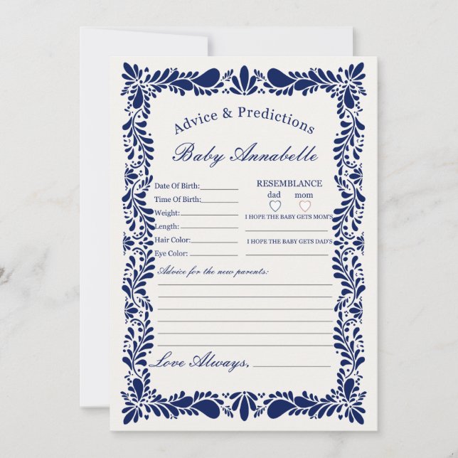 Invitación Blue Talavera Tile Consejos para el bebé con tarje (Anverso)