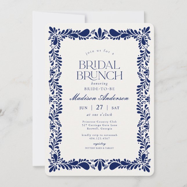 Invitación Blue Talavera Tile Español Fiesta Bridal Brunch (Anverso)