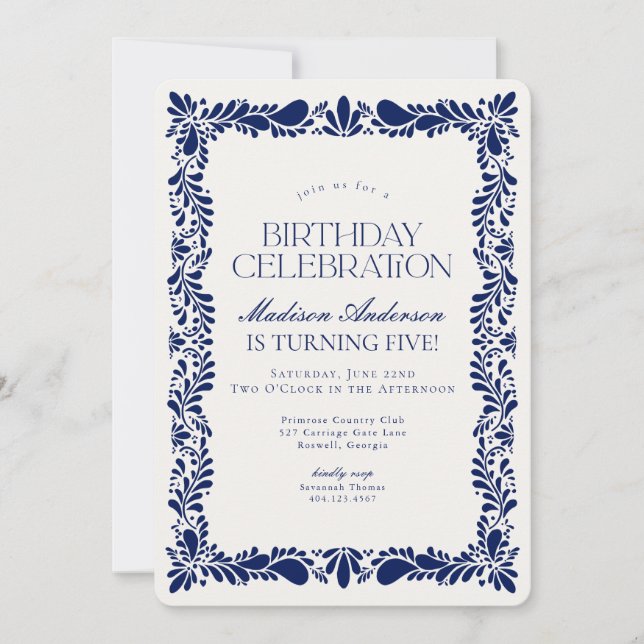 Invitación Blue Talavera Tile Fiesta fiesta de cumpleaños (Anverso)