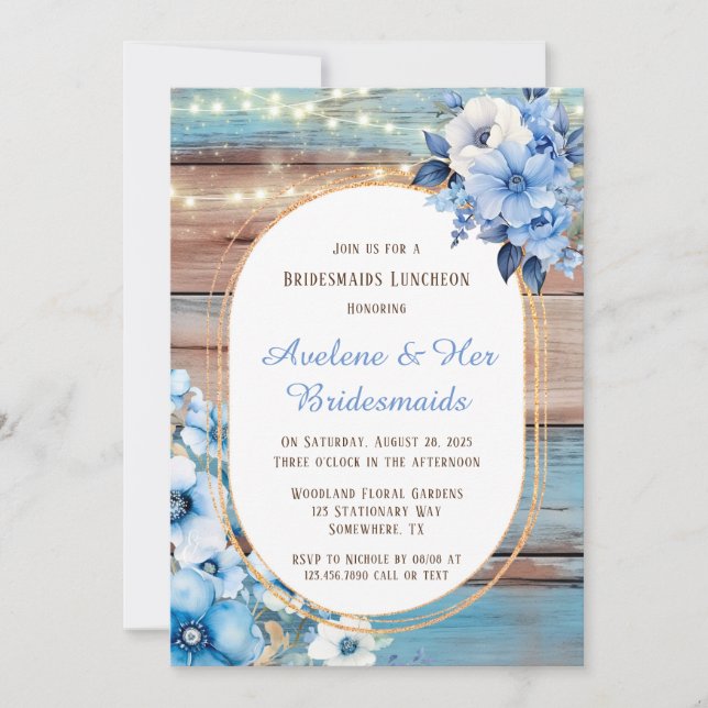 Invitación Blue Tan Wood Ights Florals Bridesmaids Luncheon (Anverso)