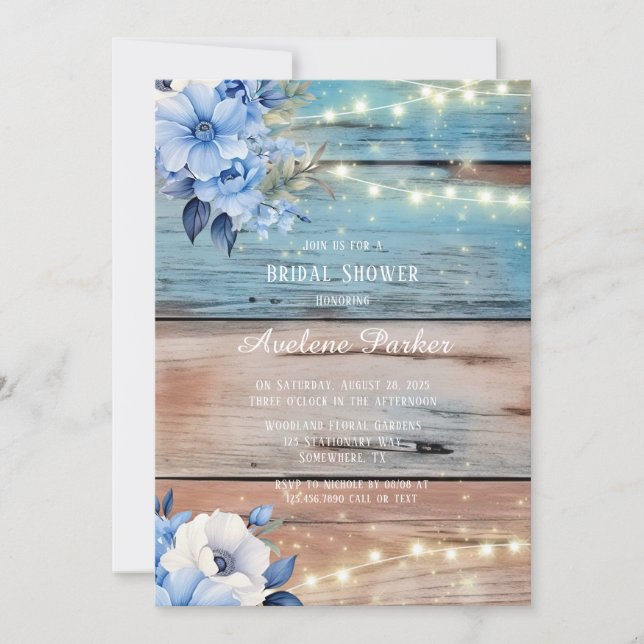 Invitación Blue Tan Wood Ights Florines Bridal Shower (Anverso)