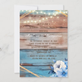 Invitación Blue Tan Wood Luces Floral Boda Parejas Ducha