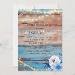 Invitación Blue Tan Wood Luces Floral Boda Parejas Ducha