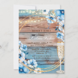 Invitación Blue Tan Wood Luces Florals Brunch & Bubbly