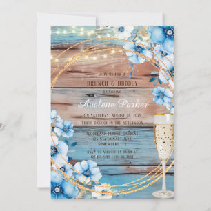 Invitación Blue Tan Wood Luces Florals Brunch & Bubbly