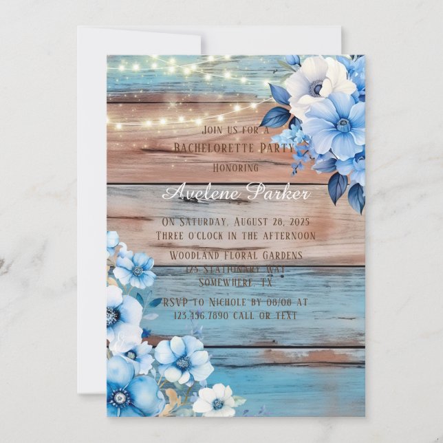 Invitación Blue Tan Wood Luces Florencia Bachelorette Party (Anverso)
