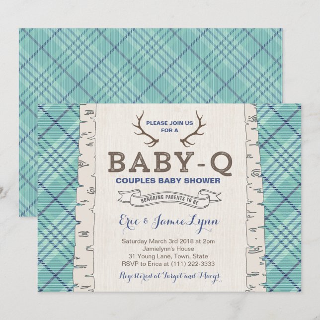 Invitación Blue Tartan Couples Baby Shower for Boy (Anverso / Reverso)