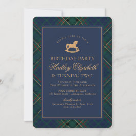 Invitación Blue Tartan Plaid Classic Rocking Horse Birthday