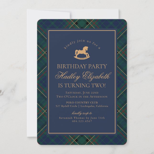 Invitación Blue Tartan Plaid Classic Rocking Horse Birthday (Anverso)