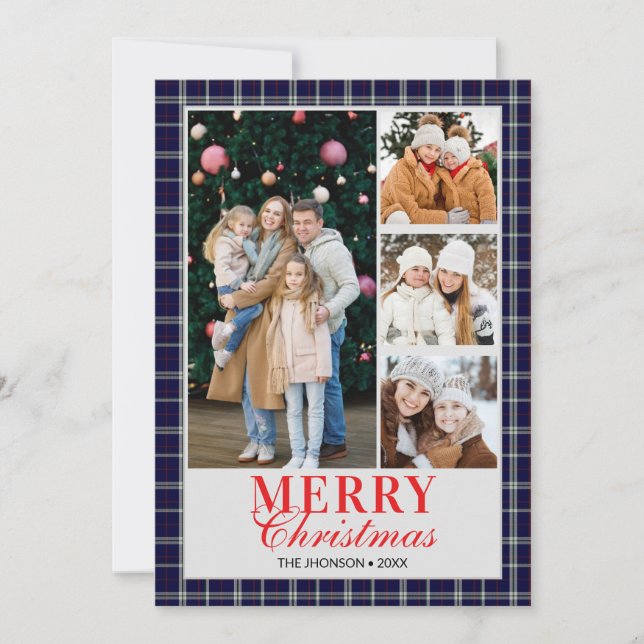 Invitación Blue Tartan Preppy Christmas Photo Collage Holiday (Anverso)