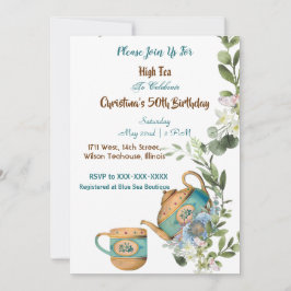 Invitación Blue Teapot Floral Tarde High Tea 50 Cumpleaños