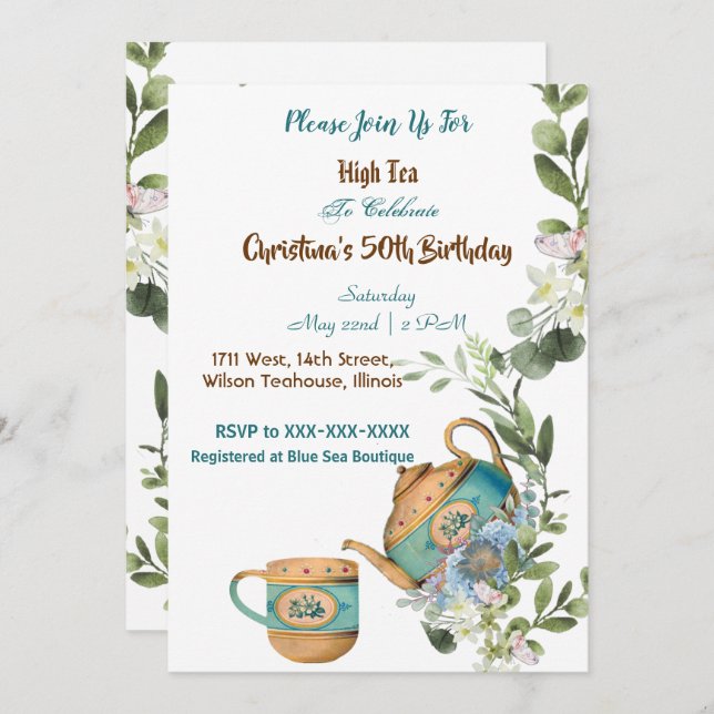 Invitación Blue Teapot Floral Tarde High Tea 50 Cumpleaños (Anverso / Reverso)