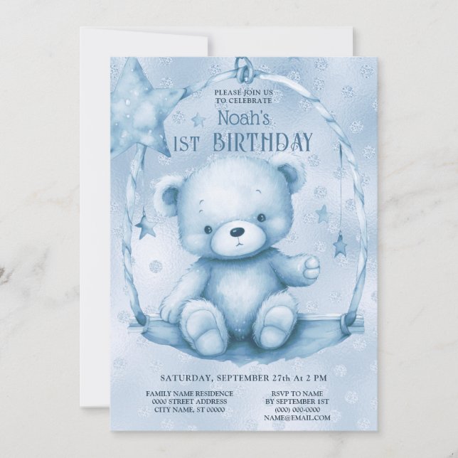 Invitación Blue Teddy Bear 1er cumpleaños (Anverso)