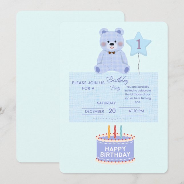 Invitación Blue Teddy Bear 1st Birthday Invitation - Customiz (Anverso / Reverso)
