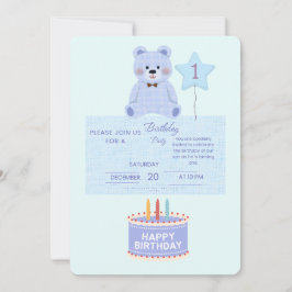 Invitación Blue Teddy Bear 1st Birthday Invitation - Customiz