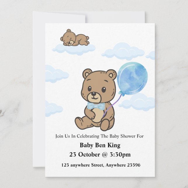 Invitación Blue Teddy Bear Baby Shower Invitation  (Anverso)