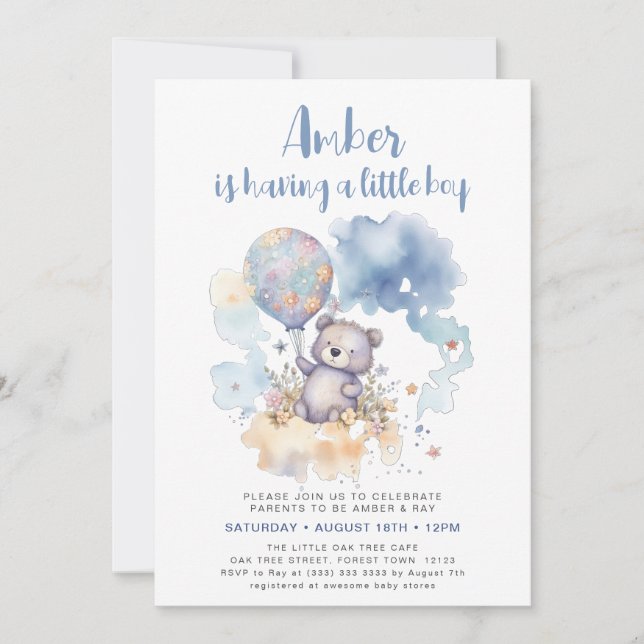 Invitación Blue Teddy Bear Balloon Bate Boy Baby Shower (Anverso)