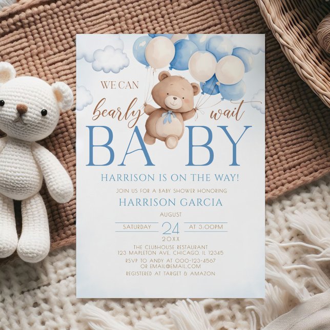 Invitación Blue Teddy Bear Balloon Bearly Wait Baby Shower (Subido por el creador)
