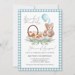 Invitación Blue Teddy Bear Balloon Picnic Primer Cumpleaños