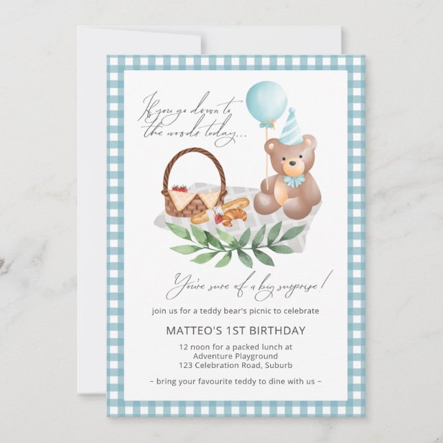 Invitación Blue Teddy Bear Balloon Picnic Primer Cumpleaños (Anverso)