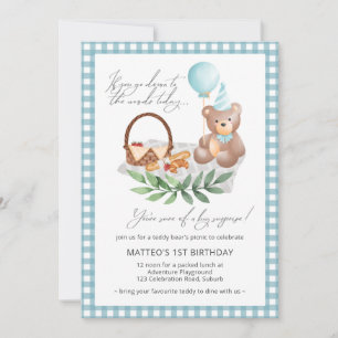 Invitación Blue Teddy Bear Balloon Picnic Primer Cumpleaños