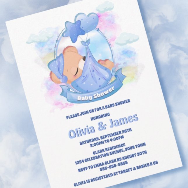 Invitación Blue Teddy Bear Balloons Baby Shower (Subido por el creador)