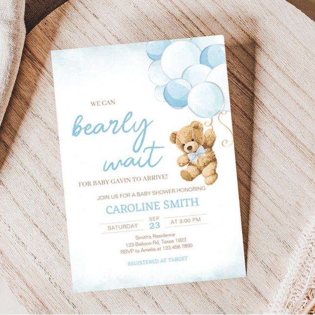 Invitación Blue Teddy Bear Balloons Baby Shower (We Can Bearly Wait Blue Balloons Baby Shower Invitation)