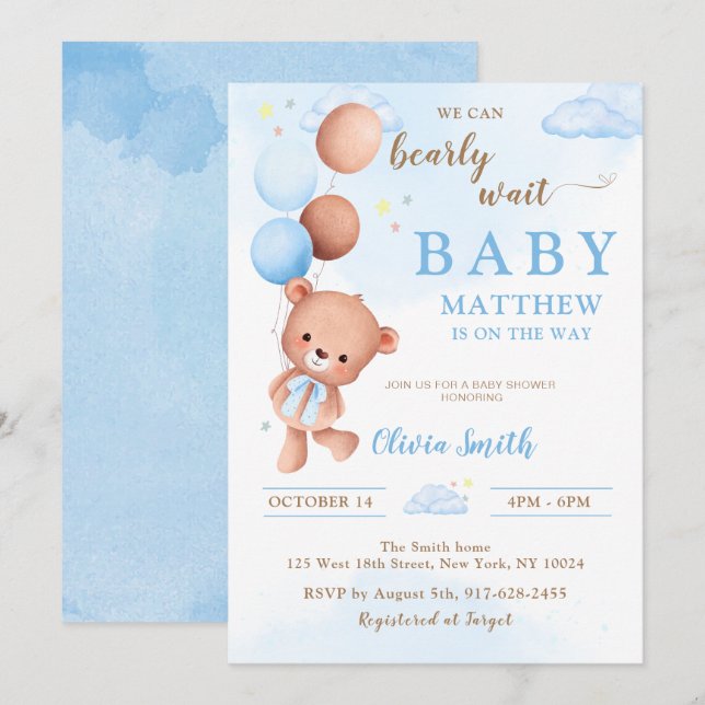 Invitación Blue Teddy Bear Balloons Boy Baby Shower (Anverso / Reverso)