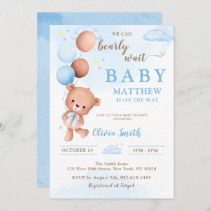 Invitación Blue Teddy Bear Balloons Boy Baby Shower