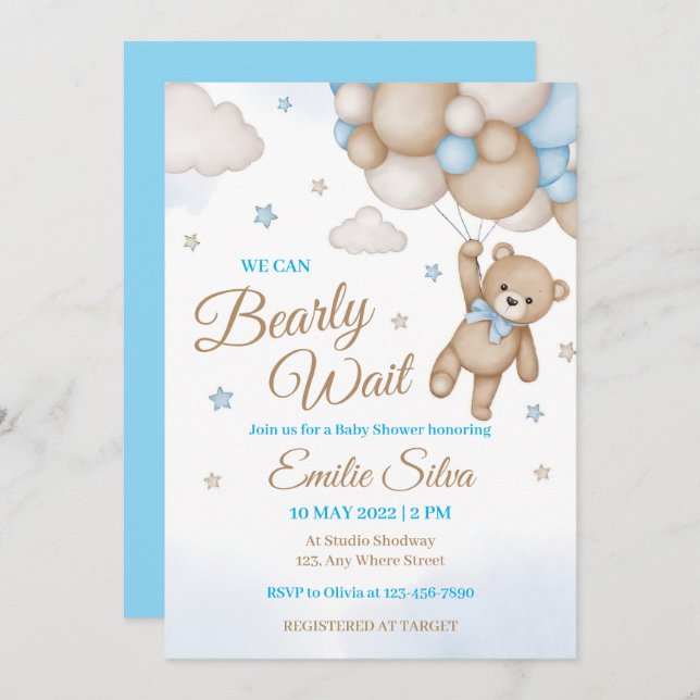Invitación Blue Teddy Bear Balloons Boy Baby Shower (Anverso / Reverso)