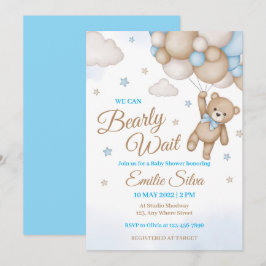 Invitación Blue Teddy Bear Balloons Boy Baby Shower