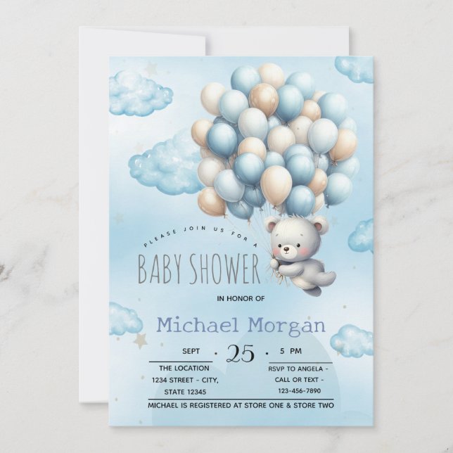 Invitación Blue Teddy Bear Balloons Nubes Baby Shower (Anverso)