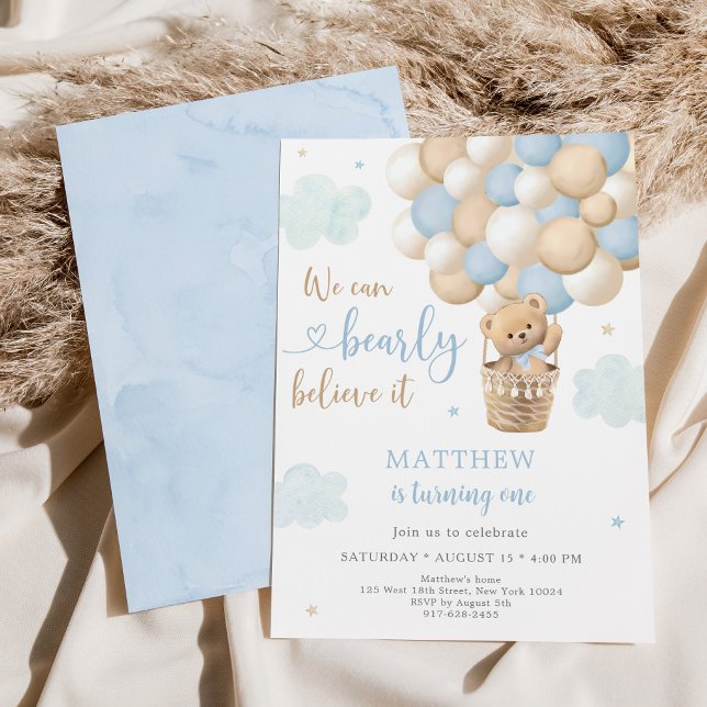 Invitación Blue Teddy Bear Balón de aire caliente Cumpleaños (Subido por el creador)