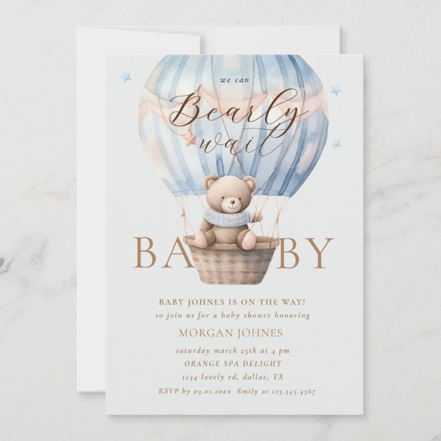 Invitación Blue Teddy Bear Bearly Wait Baby Shower (Anverso)