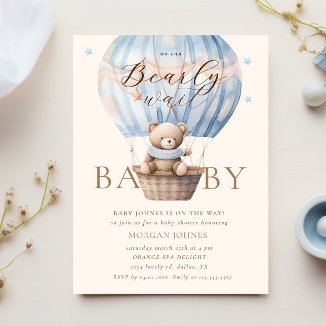 Invitación Blue Teddy Bear Bearly Wait Baby Shower (Subido por el creador)