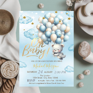 Invitación Blue Teddy Bear Clouds Stars Balloon Baby Shower