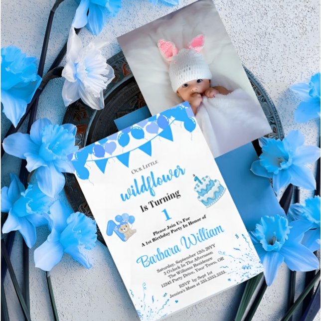 Invitación Blue Teddy Bear First Birthday Photo Invitation (Subido por el creador)