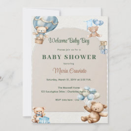 Invitación Blue Teddy Bear Hot Air Balloon Baby Shower