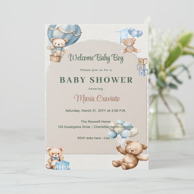 Invitación Blue Teddy Bear Hot Air Balloon Baby Shower (Anverso de pie)