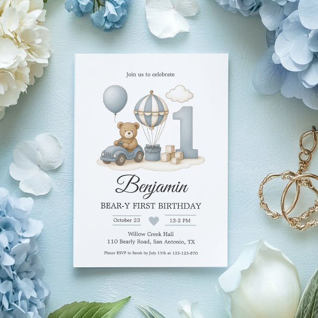Invitación Blue Teddy Bear & Hot Air Balloon Beary First Birt (Blue Teddy Bear 1st Birthday invite—hot air balloon, pastel flat-lay, editable template.)