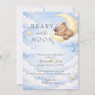 Invitación Blue Teddy Bear Moon Baby Shower Invitation