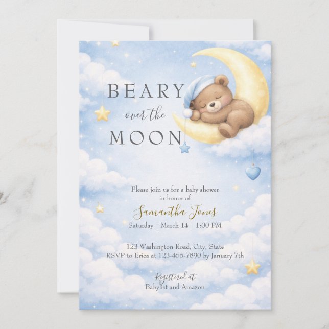 Invitación Blue Teddy Bear Moon Baby Shower Invitation (Anverso)